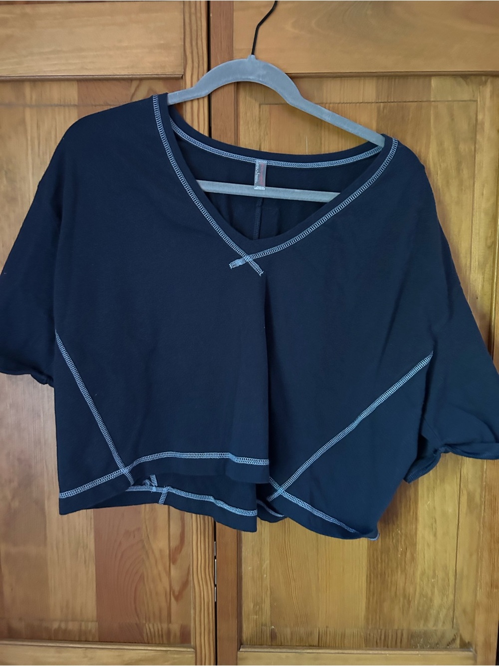 FP Movement Navy Cropped V-Neck Top with Contrast Stitching